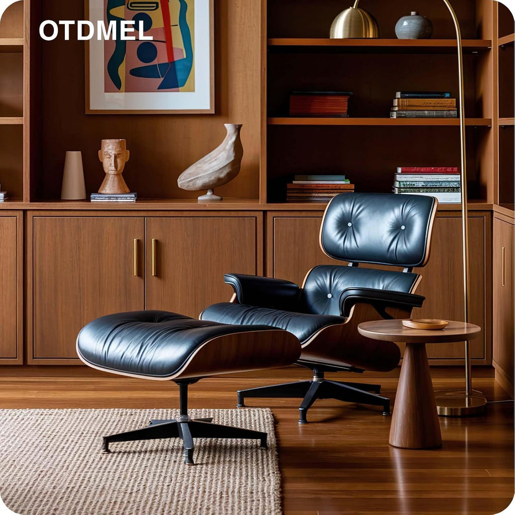 Inspired Eames Style Lounge Chair and Ottoman — Black Top-Grain Leather, Walnut Base, Upgraded Tall (37″D)