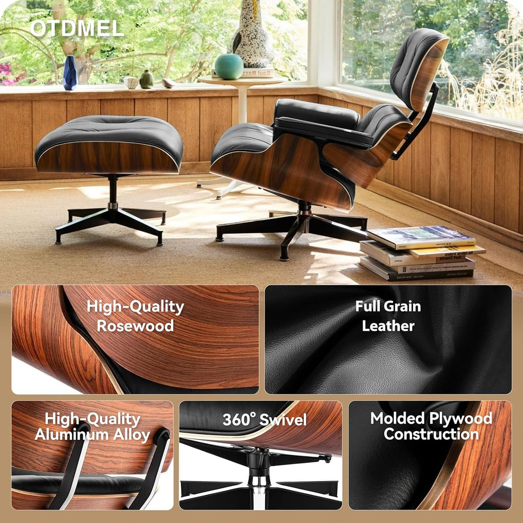 Inspired Eames Style Lounge Chair and Ottoman — Black Top-Grain Leather, Palisander Base, Upgraded Tall (37″D)