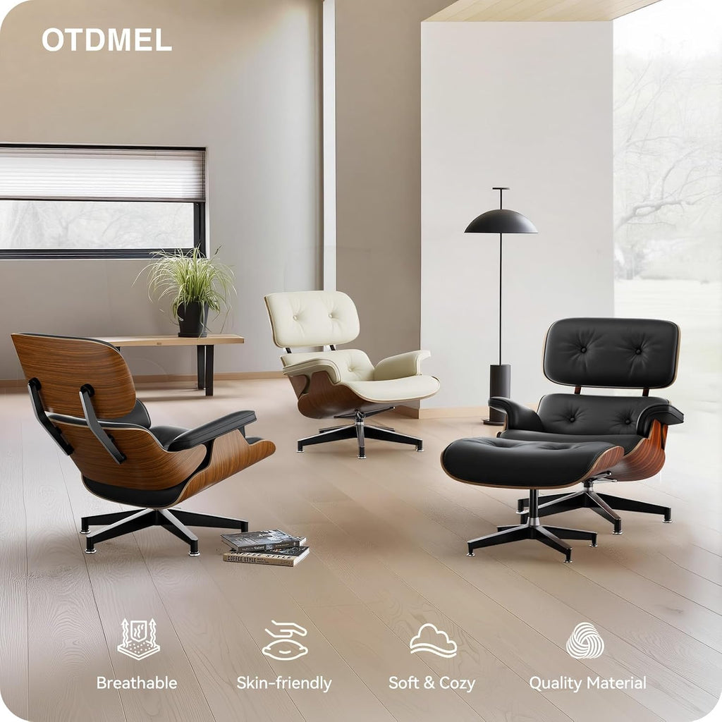 Inspired Eames Style Lounge Chair and Ottoman — Black Top-Grain Leather, Palisander Base, Upgraded Tall (37″D)