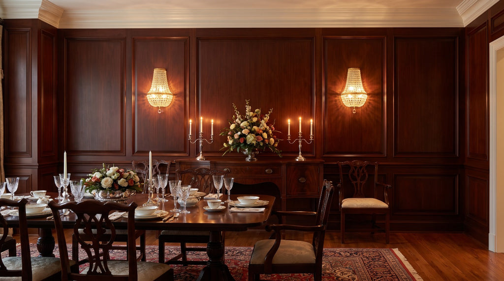 Empire crystal wall sconces flanking a mahogany-paneled formal dining room