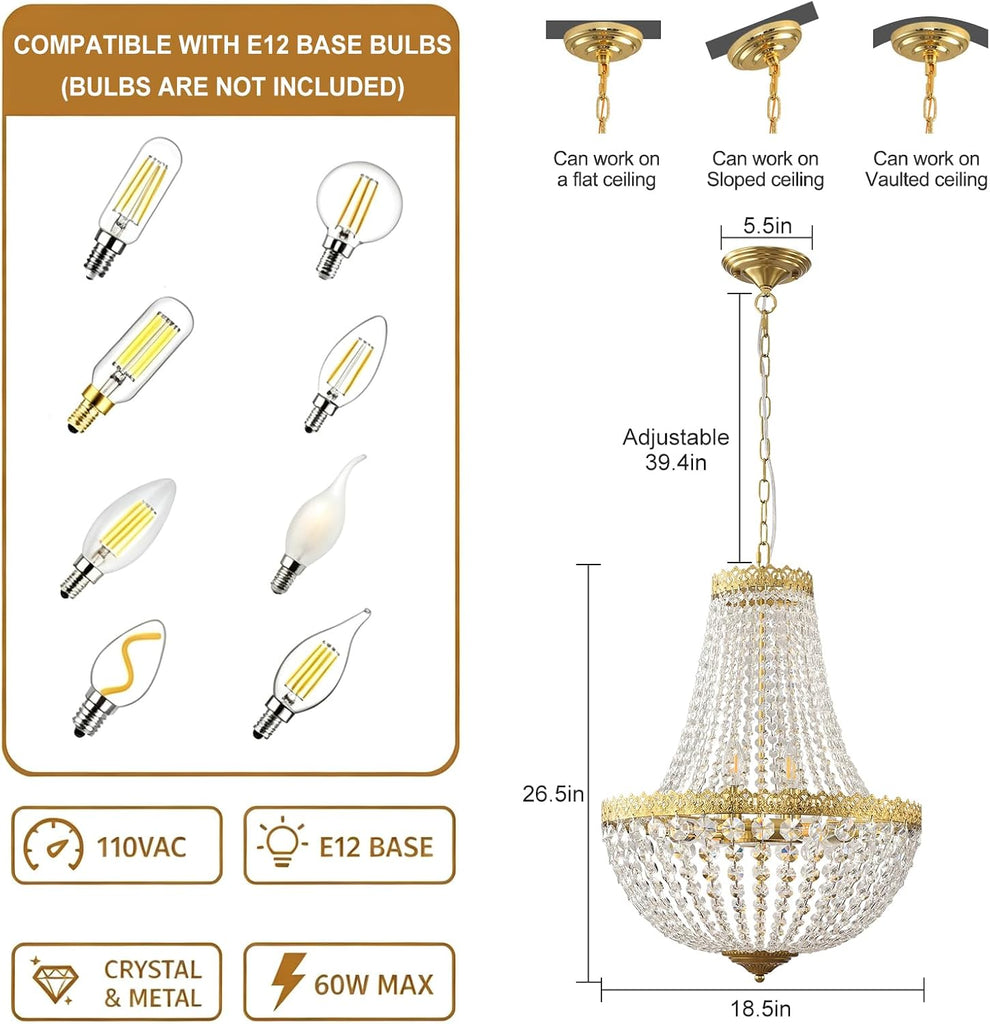French Empire K9 crystal chandelier in brushed brass