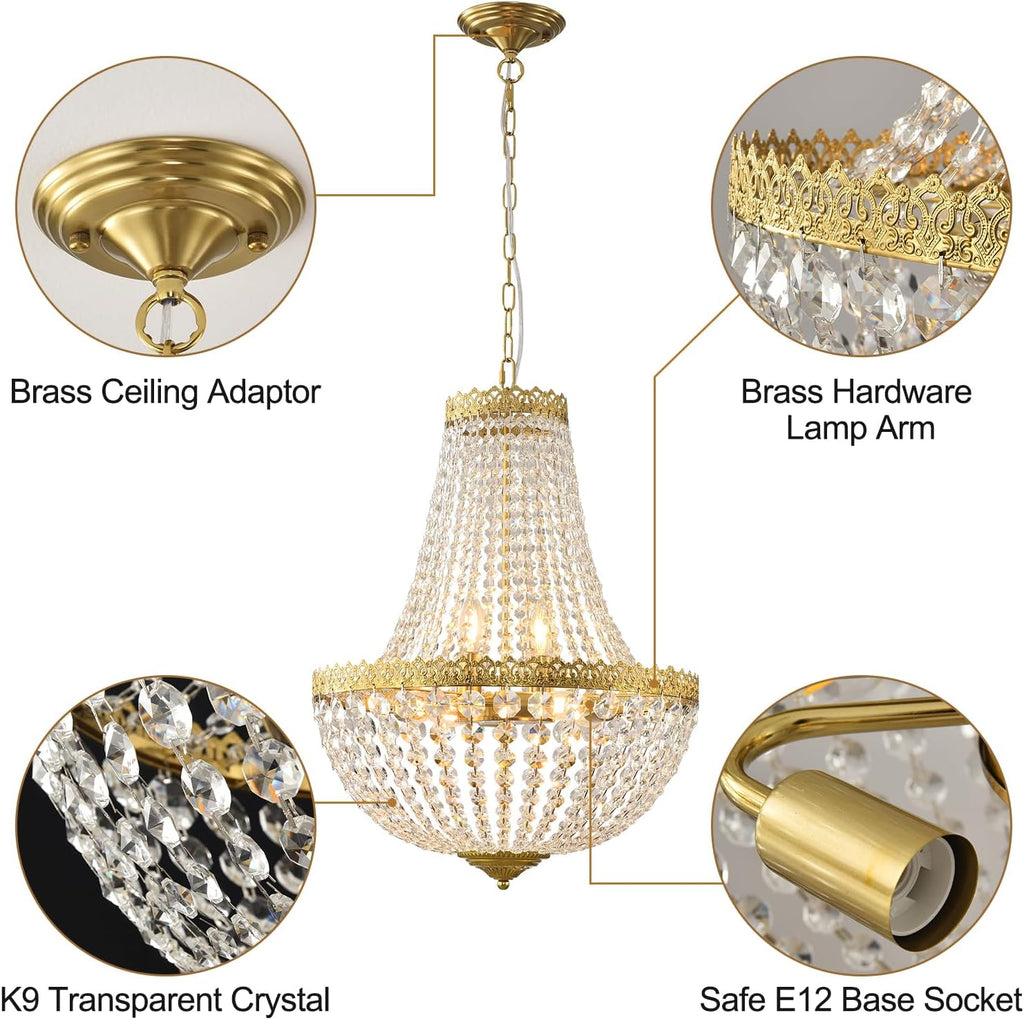 French Empire K9 crystal chandelier in brushed brass