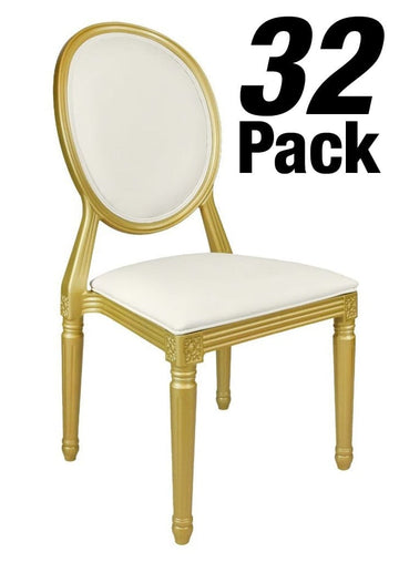 32 Chair Pack Gold Resin Louis Pop Chair White Vinyl Back and Seat