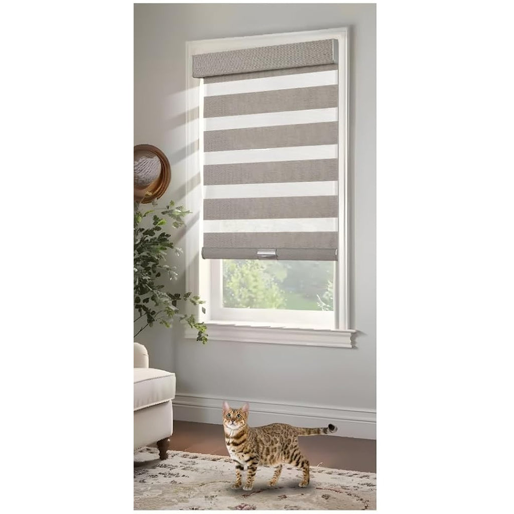 Grey linen zebra blind raised on a living room window