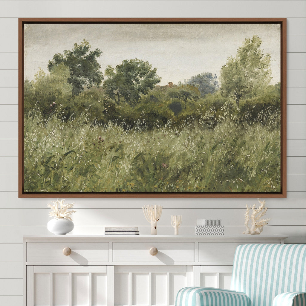 Framed Vintage Landscape Canvas Wall Art, Green Trees and Meadow Oil Painting Print, Floating Frame