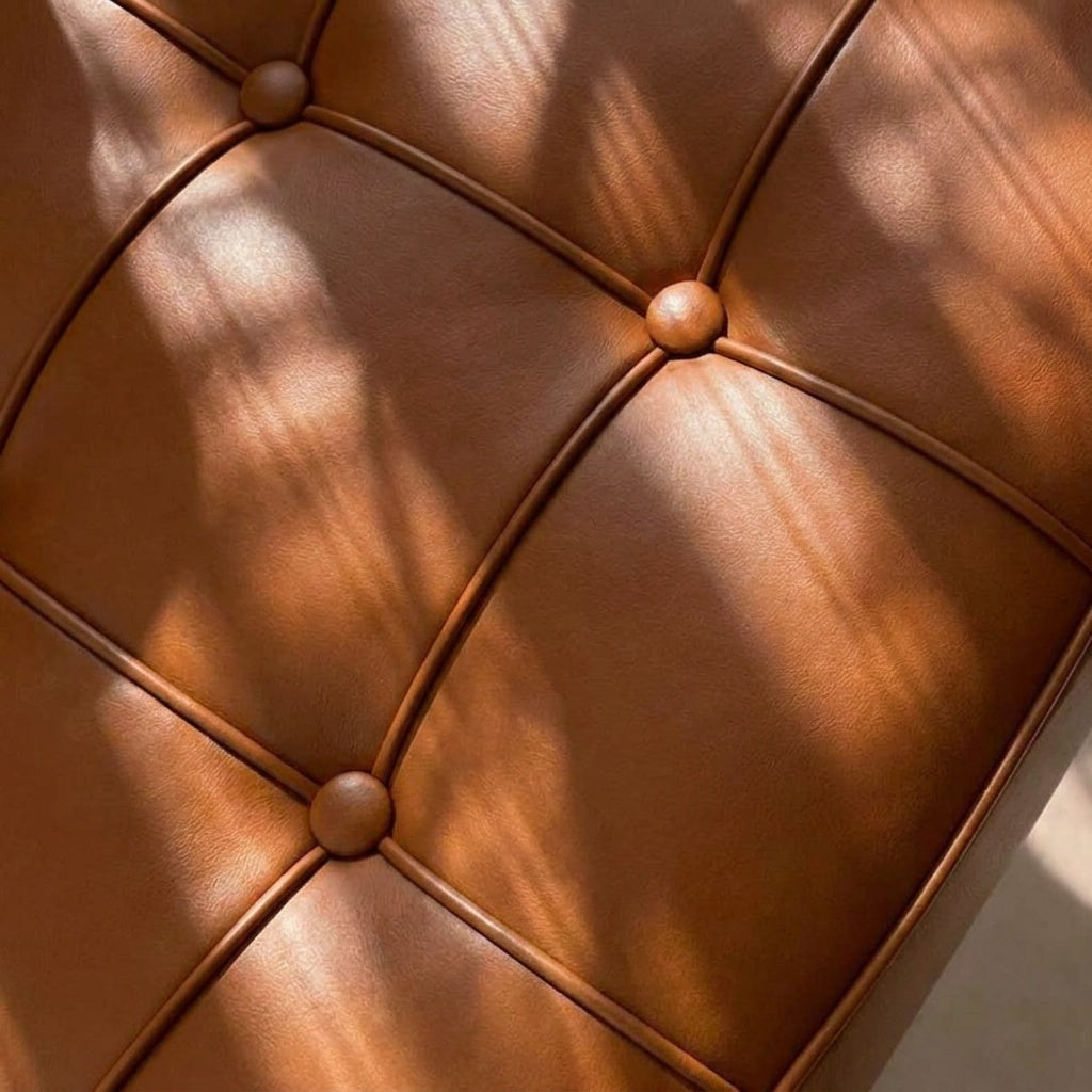 Inspired Barcelona Style Leather Lounge Chair and Ottoman — Brown Oiled Leather, Extended Seat (31.5″L)