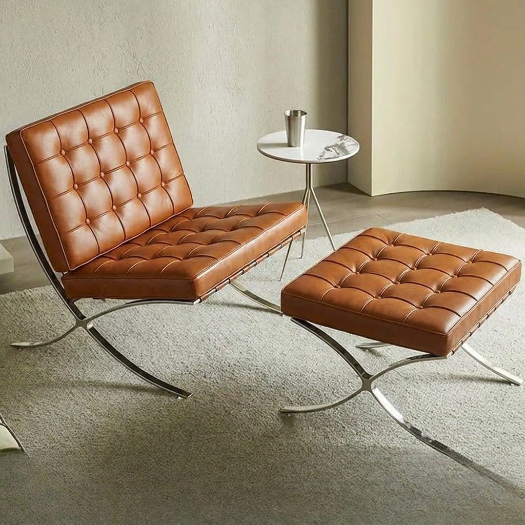 Inspired Barcelona Style Leather Lounge Chair and Ottoman — Brown Oiled Leather, Compact Seat (23.5″L)