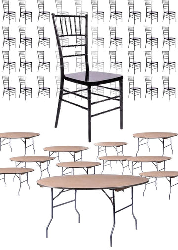 100 Person Luxury Event Package: Includes 100 Black Resin Steel Core Ballroom Chairs Plus 10 Round 72" Heavy Duty Banque