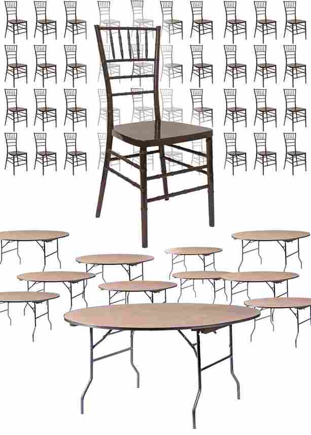 100 Person Luxury Event Package: Includes 100 Resin Steel-Core Ballroom Chairs Plus 10 Round 72" Heavy Duty Banquet Folding Tables Plus a Banquet Table Cart