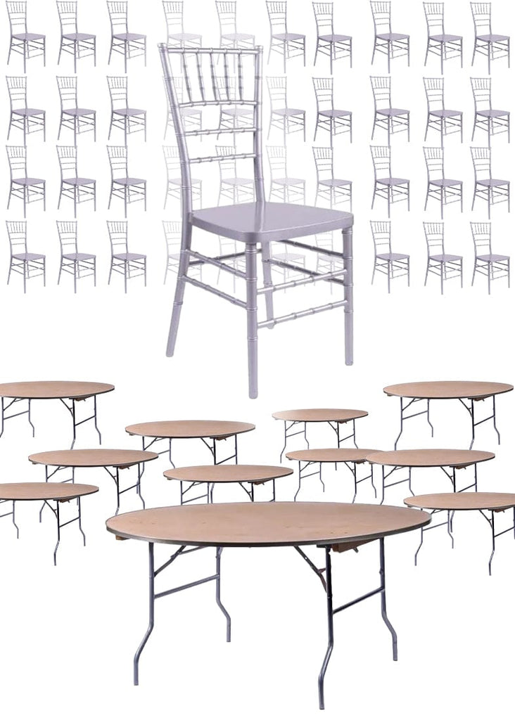 100 Person Luxury Event Package: Includes 100 Resin Steel-Core Ballroom Chairs Plus 10 Round 72" Heavy Duty Banquet Folding Tables Plus a Banquet Table Cart
