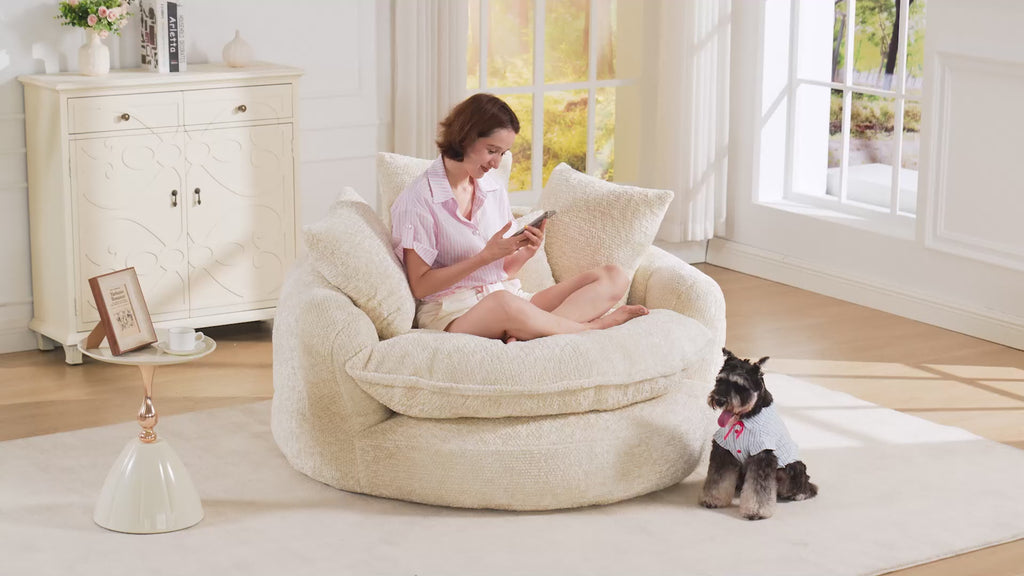 Oversized round lounge chair — expansion and full size demonstration