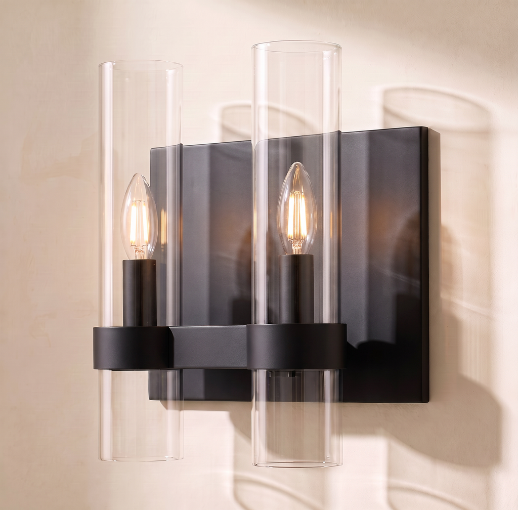 Inspired Ravelle Style Double Wall Sconce 10.5", black finish, clear glass cylinder