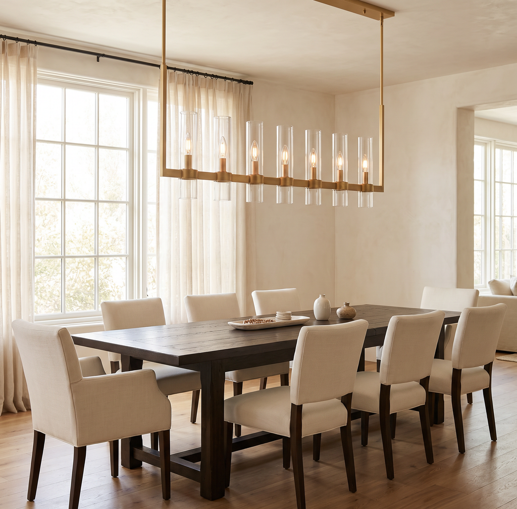 Inspired Ravelle Style 59" linear chandelier, 7 lights, gold brass finish, clear glass cylinders