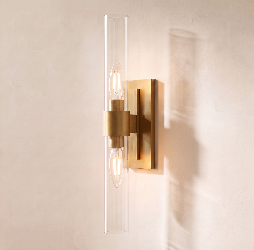 Inspired Ravelle Style Linear Wall Sconce 23", gold finish, clear glass cylinder