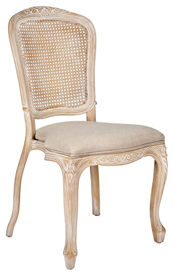 Natural White Washed Resin Royal Chair with Beige Tweed Fabric Seat and White Washed Rattan Back Similar to Louis Pop St