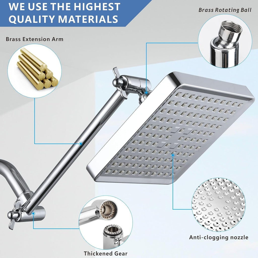 6-Inch Square Rain Shower Head with 11-Inch Adjustable Extension Arm - High Pressure Rainfall Showerhead, Chrome
