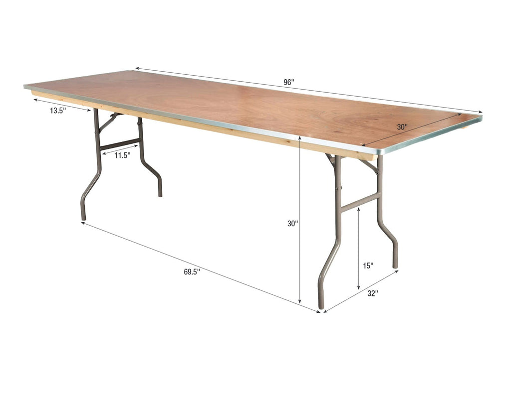 8 Plywood 96" x 30" (8 Foot) Rectangle Folding Tables with Metal Edge + Steel Banquet Table Cart