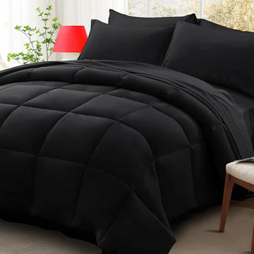 5-Piece Twin Comforter Set with Sheets, Black Bed in a Bag - All-Season Microfiber Bedding