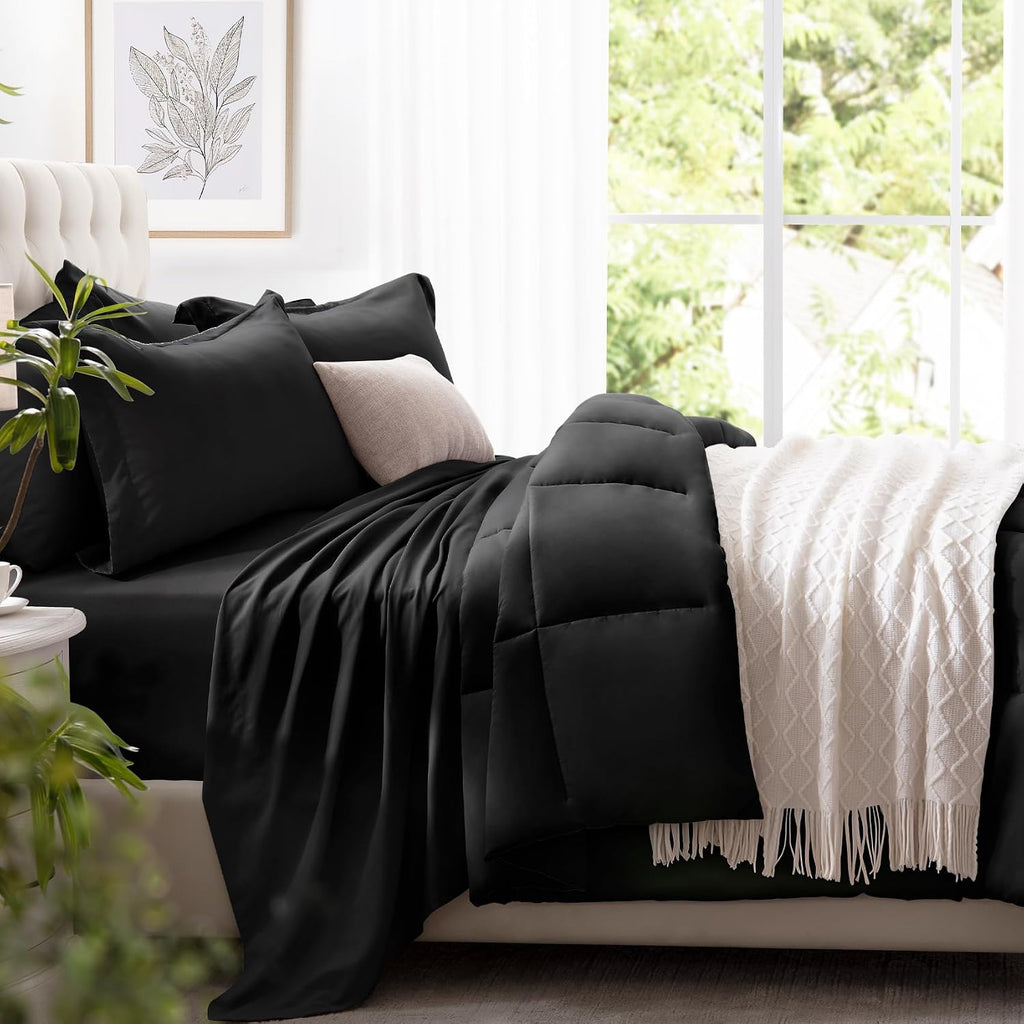 5-Piece Twin Comforter Set with Sheets, Black Bed in a Bag - All-Season Microfiber Bedding