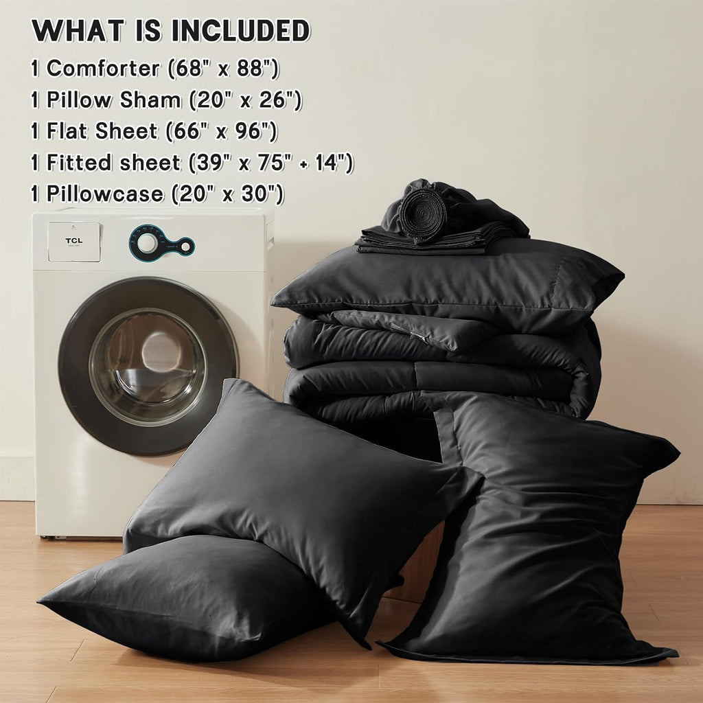 5-Piece Twin Comforter Set with Sheets, Black Bed in a Bag - All-Season Microfiber Bedding