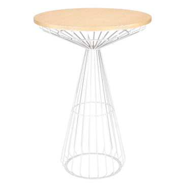 White Wire Cocktail Table with 32" Natural Oak Top and Sturdy White Steel Base