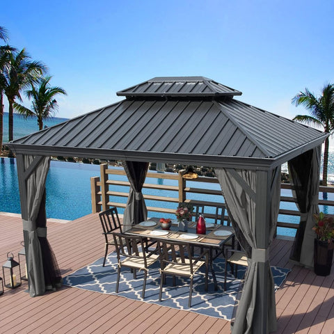 Alexander 10' x 12' Hardtop Gazebo, Aluminum Frame with Galvanized Steel Double Roof, Outdoor Permanent Pavilion with Curtains and Netting for Patio