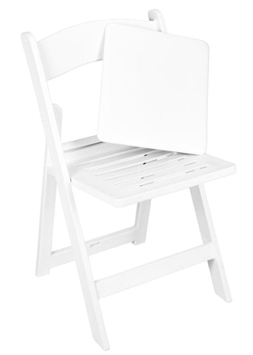White Resin Folding Chair with Slatted Seat and White Padded Seat – 2 Styles in 1