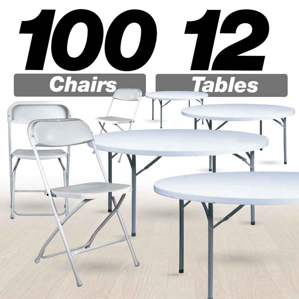 100 Pack Plastic Folding Chair and 12 60" (5 Foot) Round Plastic Folding Table