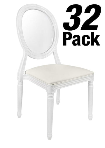 32 Chair Pack White Resin Louis Pop Chair Clear Back and White Vinyl Seat