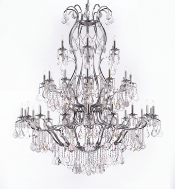 Large foyer silver wrought iron chandelier with crystal, H60 x W52