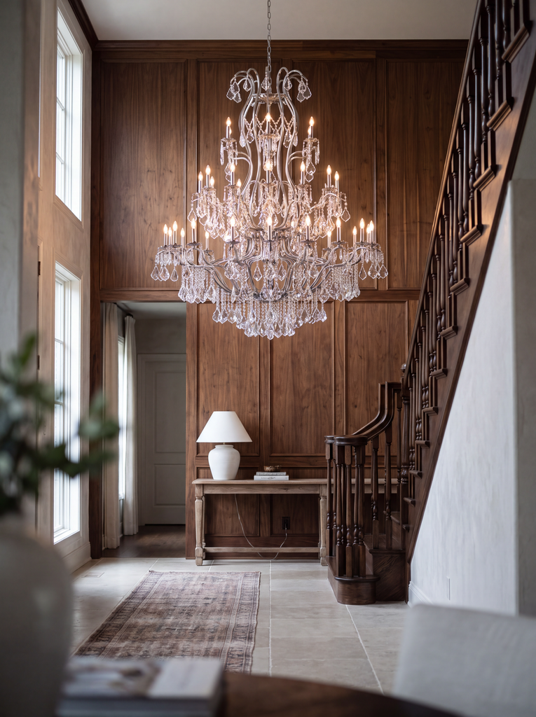 Large foyer silver wrought iron chandelier with crystal, H60 x W52