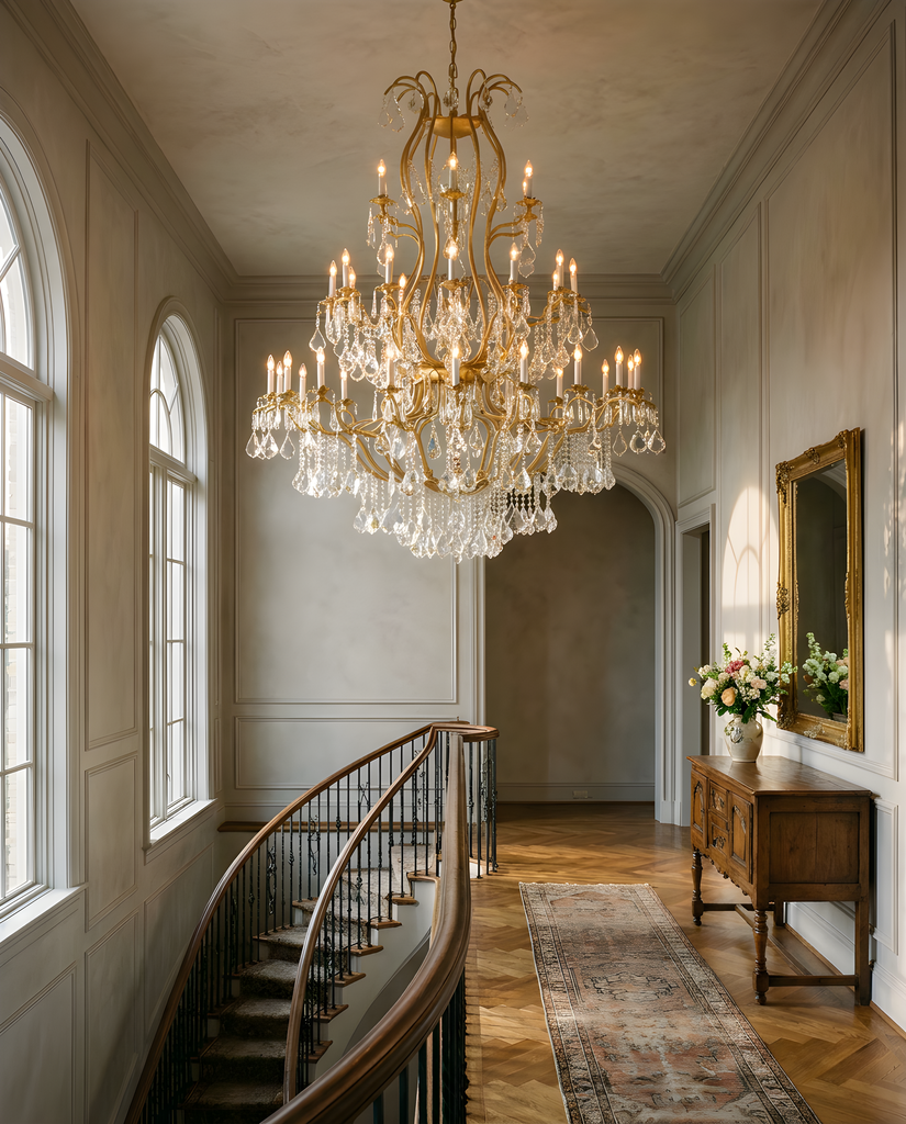 Gold Wrought Iron Chandelier in an elegant foyer landing
