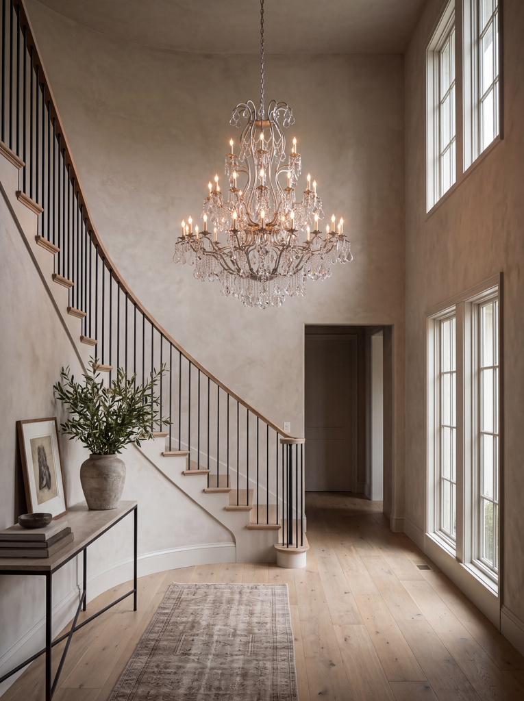 Large foyer antique silver wrought iron chandelier with crystal, H60 x W52