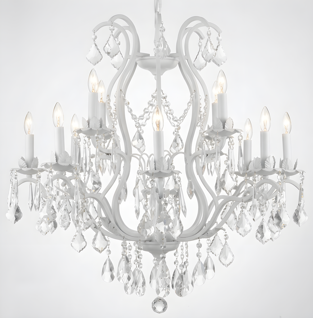 White Wrought Iron Crystal Chandelier - Elegant Rustic Lighting H30" X W28"
