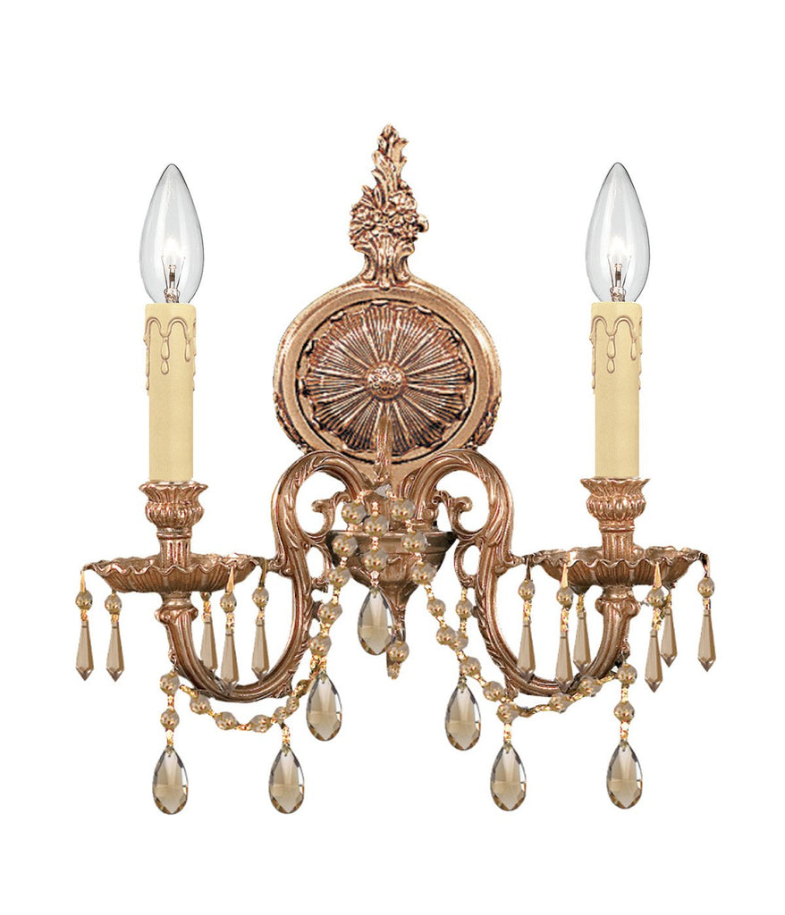 2 Light Olde Brass Crystal Sconce Draped In Golden Teak Hand Cut Crystal - C193-2802-OB-GT-MWP