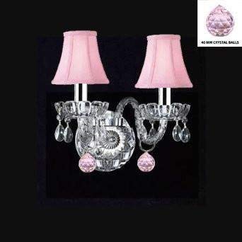 Swarovski Crystal Trimmed Wall Sconce! Murano Venetian Style Crystal Wall Sconce Lighting With Pink Balls & Pink Shades! - Perfect For Kid'S And Girls Bedroom w/Chrome Sleeves! - A46-B43/B76/PINKSHADES/2/386SW