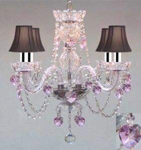 Swarovski Crystal Trimmed Chandelier! Crystal Chandelier Lighting with Black Shades & Pink Crystal Hearts w/Chrome Sleeves! - Perfect for Kid's and Girls Bedroom! - J10-B43/B23/BLACKSHADES/26098/4 SW