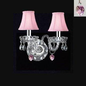 MURANO VENETIAN STYLE CRYSTAL WALL SCONCE LIGHTING WITH PINK HEARTS & PINK SHADES W/CHROME SLEEVES! - PERFECT FOR KID'S AND GIRLS BEDROOM! - A46-B43/B21/PINKSHADES/2/386