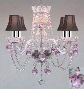 Crystal Chandelier Lighting with Black Shades & Pink Crystal Hearts W/Chrome Sleeves - Perfect for Kid's and Girls Bedroom - J10-B43/B23/BLACKSHADES/26098/4
