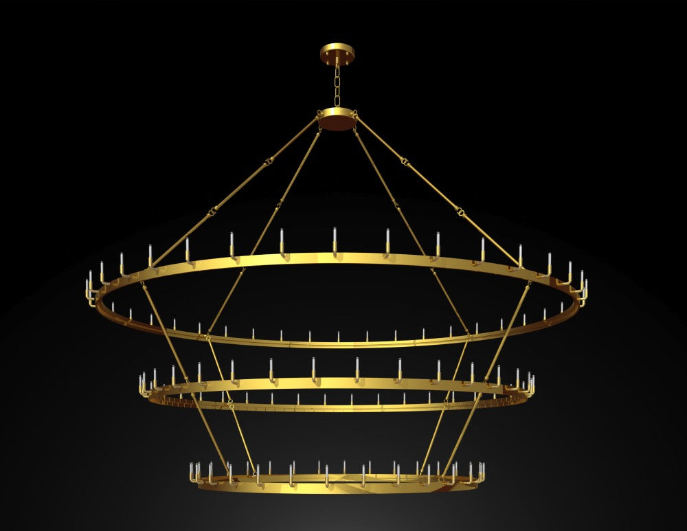 Inspired Camino Style Chandelier - Castile Three Tier Wrought Iron Brushed Brass Chandelier - Industrial Loft Rustic Lighting W 86"