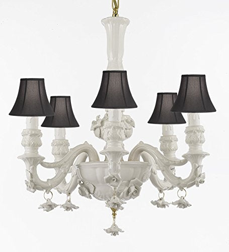Authentic Capodimonte White Porcelain Chandelier Lighting Chandeliers Cottage Chic Made in Italy, Good for Dining Room, Kids & Girls Bedrooms w/ Roses & Flowers With Black Shades Speciality item, Limited Stock Available - GB102-SC/BLACKSHADE/WHITE/435/6