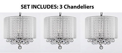 Set Of 3 Crystal Chandelier With Large White Shade & Balls H15" X W15" - Set Of 3 G7-B6/White/Sm/26028/3
