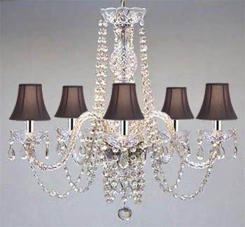 Swarovski Crystal Trimmed Chandelier! Authentic All Crystal Chandelier And Black Shades w/Chrome Sleeves! H25" W24" - A46-B43/BLACKSHADES/384/5SW