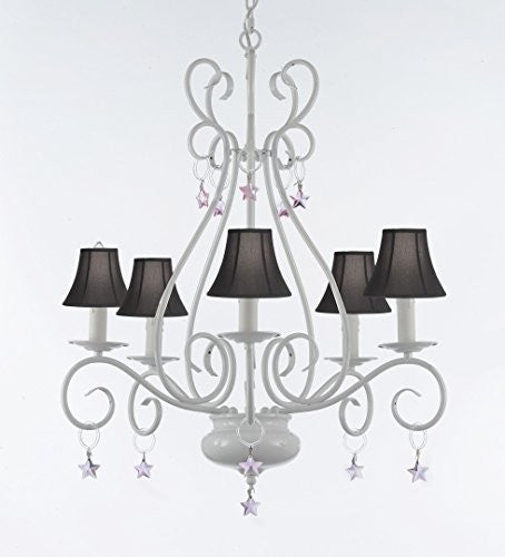 Wrought Iron Chandelier With Pink Stars With Black Shades - P7-Sc/White/B38/441/5/Blackshade
