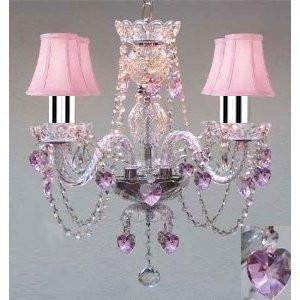 Swarovski Crystal Trimmed Chandelier! Crystal Chandelier W/Pink Crystal Hearts & Pink Shades H17" X W17"Swag Plug In-Chandelier W/14' Feet Of Hanging Chain And Wire w/Chrome Sleeves! - J10-B43/B15/B23/PINKSHADES/26098/4 SW