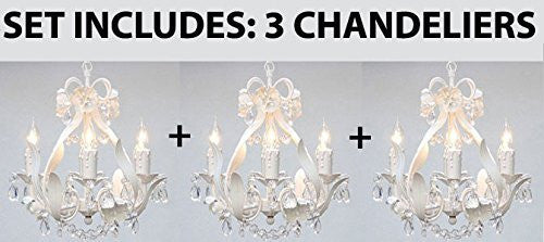 Set Of 3 - White Wrought Iron Floral Chandelier Crystal Flower Chandeliers Lighting H15" X W11" - Perfect For Kids' And Girls Bedrooms - J10-White/Cl/26027/4-Set Of 3