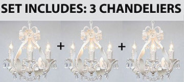 Set Of 3 - White Wrought Iron Floral Chandelier Crystal Flower Chandeliers Lighting H15" X W11" - Perfect For Kids' And Girls Bedrooms - J10-White/Cl/26027/4-Set Of 3