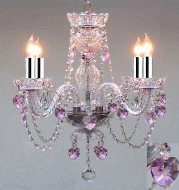 Swarovski Crystal Trimmed Chandelier! Crystal Chandelier Lighting With Pink Crystal Hearts! w/Chrome Sleeves! H17" X W17" - J10-B43/B23/26098/4 SW