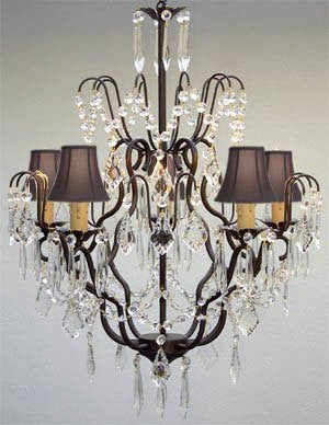 New Wrought Iron & Crystal Chandelier With Black Shades H27" X W21" - J10-Blackshades/C/26034/5