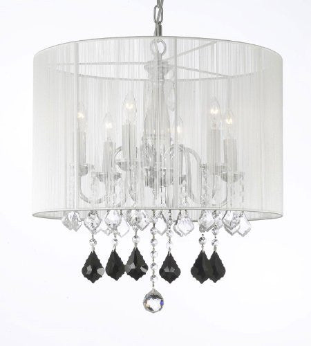 Crystal Chandelier W/ Large White Shade Jet Black Crystal Pendants - J10-B20/1126/6